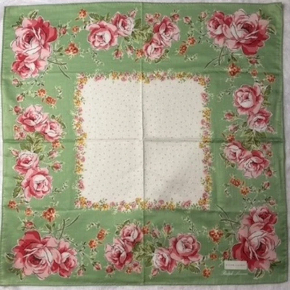 Vtg RALPH LAUREN Scarf Handkerchief Floral Cotton Green Yellow Pink 20